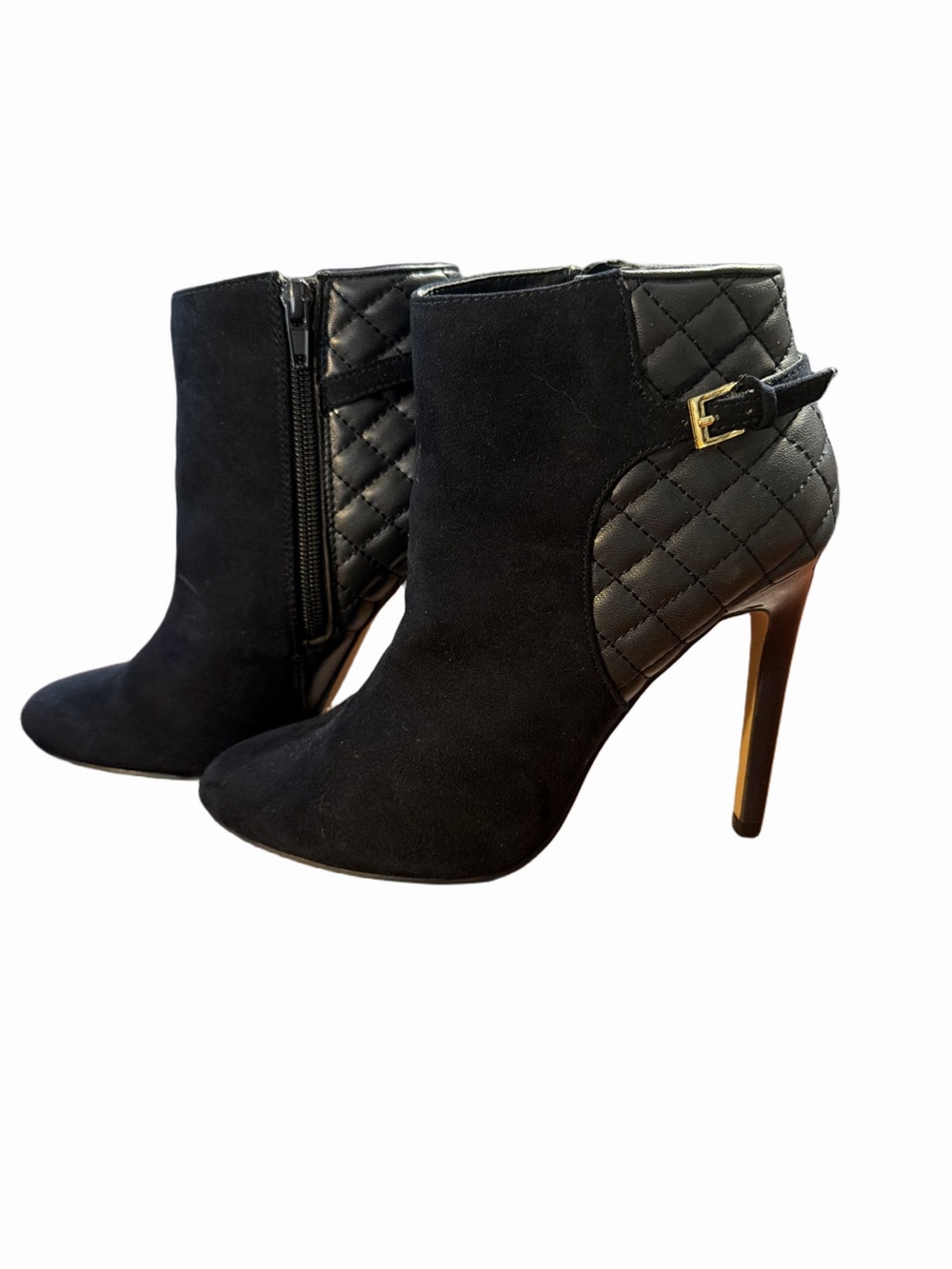 Metaphor Black Quilted Suede Ankle Booties with Gold Buckle. Size 7